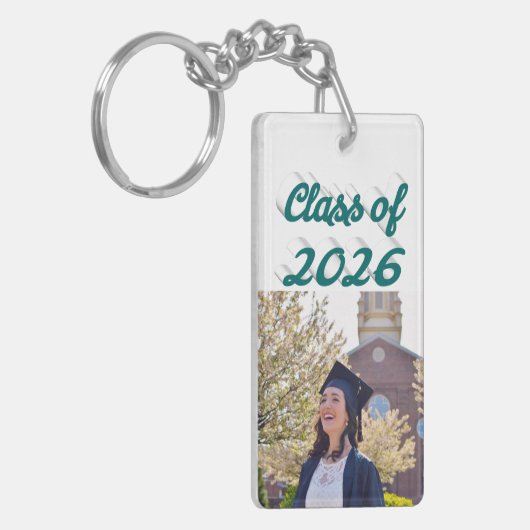 Class of 2026 green script graduation photo  sleutelhanger (Voorkant Links)