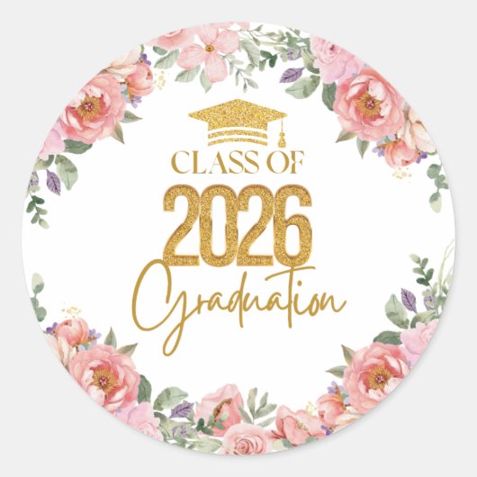 Class of 2026, Pink Gold Floral Theme Ronde Sticker (Voorkant)