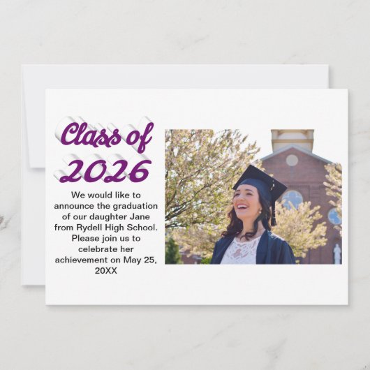 Class of 2026 purple script graduation photo kaart (Voorkant)