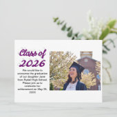 Class of 2026 purple script graduation photo kaart (Staand voorkant)