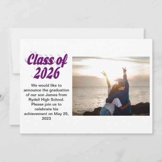 Class of 2026 purple text graduation photo kaart (Voorkant)