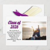 Class of 2026 purple text graduation photo kaart (Voorkant / Achterkant)