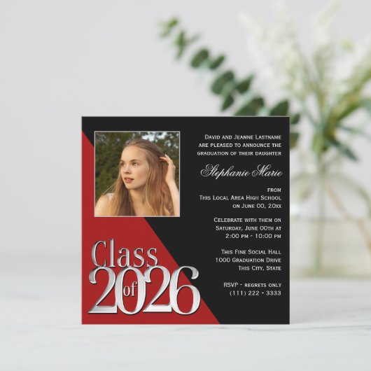 Class of 2026 Silver Grad Red with Photo Kaart (Staand voorkant)