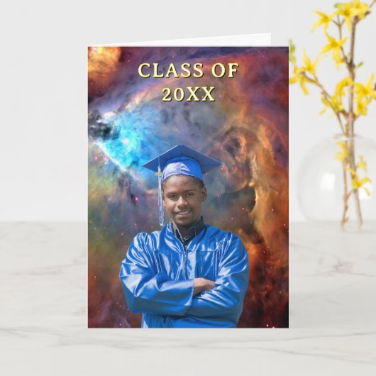 Class of 20XX Custom Photo Orion Nebula Graduation Kaart (Gele Bloem)