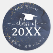 Class of Graduation Cap Navy Blue Gold Typography Ronde Sticker (Voorkant)