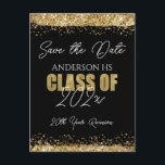 Class Reunion Black en Gold Save the Date Briefkaart<br><div class="desc">Elegant Faux Gold glitter-verfsplatters. Alle tekst kan worden aangepast en kan eenvoudig worden gewijzigd voor uw eigen wensen. Sparen de Datum,  de Reunion van de Klasse,  de website van de Informatie,  glitter,  zwart en goud,  elegant,  modern,  stijlvol,  om het even welk jaar sjabloon.</div>