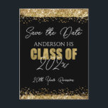 Class Reunion Black en Gold Save the Date Briefkaart<br><div class="desc">Elegant Faux Gold glitter-verfsplatters. Alle tekst kan worden aangepast en kan eenvoudig worden gewijzigd voor uw eigen wensen. Sparen de Datum,  de Reunion van de Klasse,  de website van de Informatie,  glitter,  zwart en goud,  elegant,  modern,  stijlvol,  om het even welk jaar sjabloon.</div>