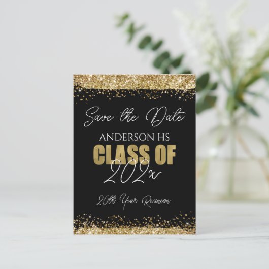 Class Reunion Black en Gold Save the Date Briefkaart (Staand voorkant)