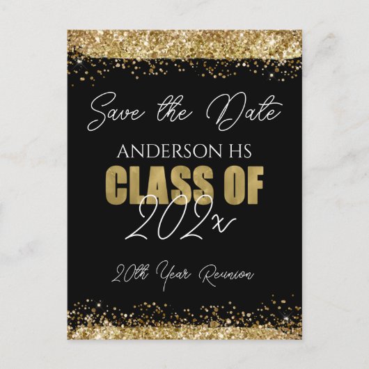 Class Reunion Black en Gold Save the Date Briefkaart (Voorkant)