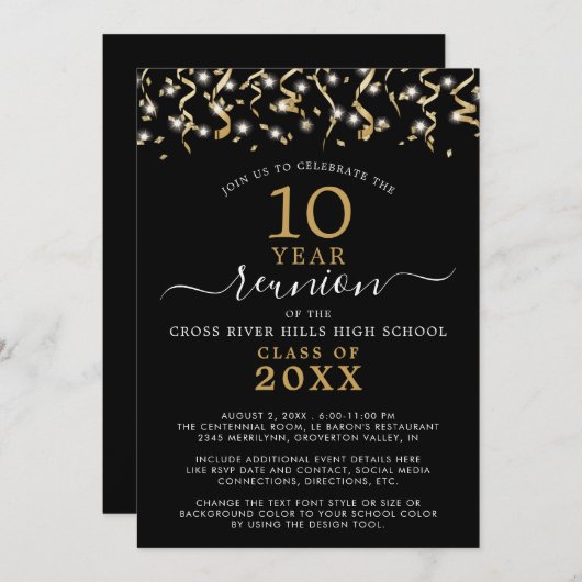 Class Reunion Black Gold Confetti Streamers Kaart (Voorkant / Achterkant)
