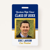 Class Reunion Blauw en Goud Foto ID Badge (Voorkant)