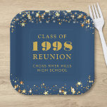 Class Reunion Blue Gold Sterren gepersonaliseerd Papieren Bordje<br><div class="desc">Gepersonaliseerde blauwe high school of college klasse reünie papier borden voor elke afstudeerklas (het jaar is bewerkbaar) met uw klas jaar en school naam. Het ontwerp is voorzien van gouden sterren en snaarlampjes tegen een bewerkbare blauwe achtergrondkleur die u kunt veranderen in uw schoolkleur. WIJZIGINGEN: De achtergrond- en tekstkleuren kunnen...</div>