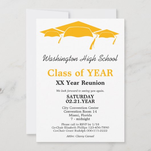 Class Reunion Oranje Graduation Caps Invitation Kaart (Voorkant)