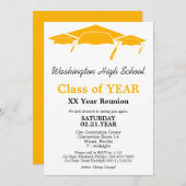 Class Reunion Oranje Graduation Caps Invitation Kaart (Voorkant / Achterkant)