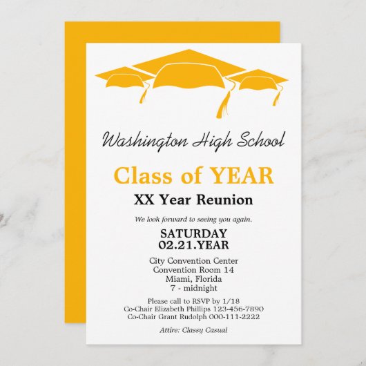 Class Reunion Oranje Graduation Caps Invitation Kaart (Voorkant / Achterkant)