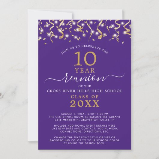 Class Reunion Purple Gold Confetti Streamers Kaart (Voorkant)