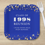 Class Reunion Royal Blue Gold Sterren gepersonalis Papieren Bordje<br><div class="desc">Gepersonaliseerde royal blue high school of college klasse reünie papieren borden voor elke afstudeerklas (het jaar is bewerkbaar) met uw klas jaar en school naam. Het ontwerp is voorzien van gouden sterren en strijklichten tegen een bewerkbare koningsblauwe achtergrondkleur die u kunt veranderen in uw schoolkleur. WIJZIGINGEN: De achtergrond- en tekstkleuren...</div>