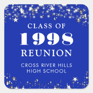 Class Reunion Royal Blue Silver Stars gepersonalis Vierkante Sticker