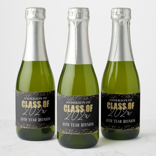 Class Reunion Zwart en Goud Glitter Wijnlabel Sparkling Wijnetiket (Flessen)