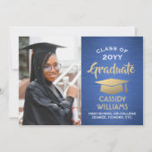 Class Year Brushed Blauw en Goud Afstuderen Foto Kaart (Voorkant)