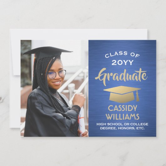 Class Year Brushed Blauw en Goud Afstuderen Foto Kaart (Voorkant)