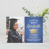 Class Year Brushed Blauw en Goud Afstuderen Foto Kaart (Staand voorkant)