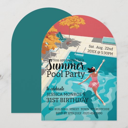 Classic 1950's Style Pool Party Verjaardag Kaart (Voorkant / Achterkant)