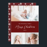 Classic 3 Fotosnowflakes in de kerst van Bourgogne Feestdagenkaart<br><div class="desc">Simple but elegant layout with editable greeting and codus. Backer pattern is optional.</div>