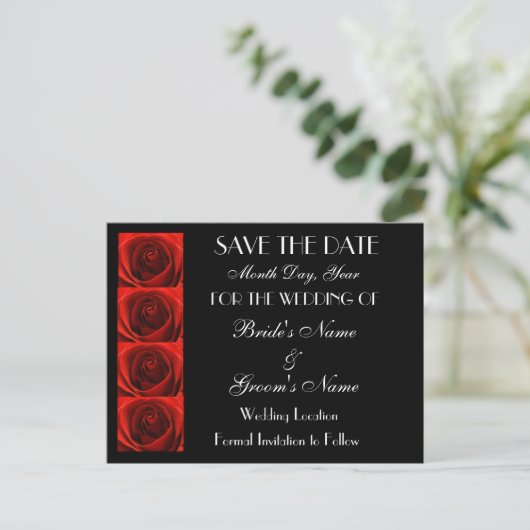 Classic 4 Red Roses Save the Date Wedding Briefkaa Aankondigingskaart (Staand voorkant)