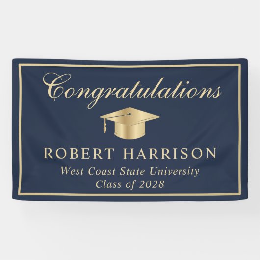 Classic Afstudeerder Pet Blauw Goud Afstuderen Wel Spandoek (Horizontaal)