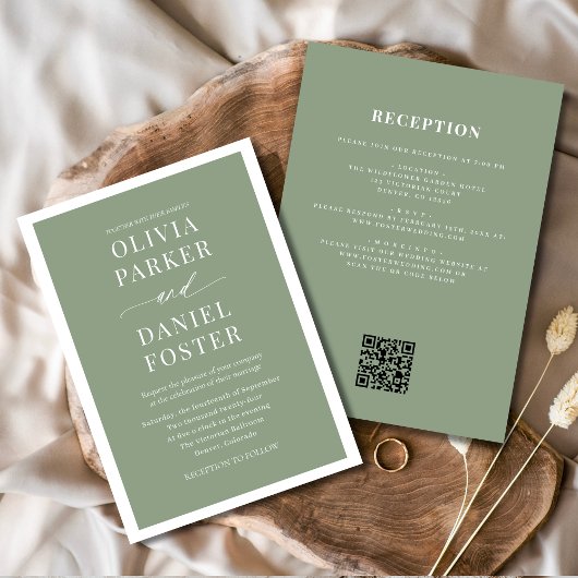 Classic All in One Sage Green QR Code Wedding Kaart