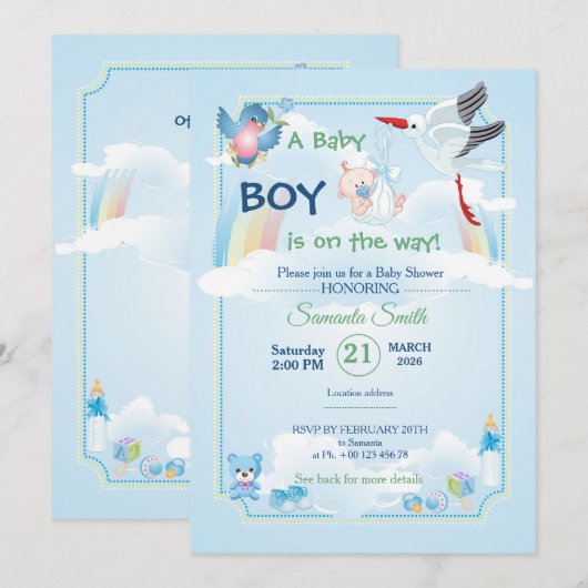Classic and cute Stork Baby Shower Invitation Kaart (Voorkant / Achterkant)