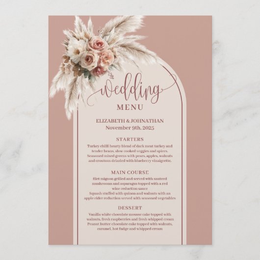 Classic Arch Pastel Pink Pampas Floral Wedding Menu (Voorkant)