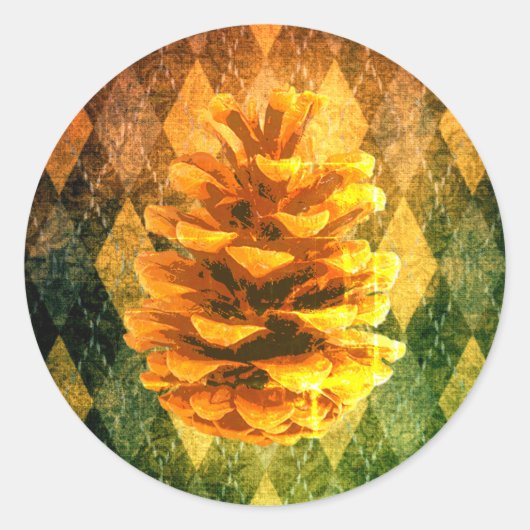 Classic argyle pinecone rustiek goudgroen ronde sticker (Voorkant)