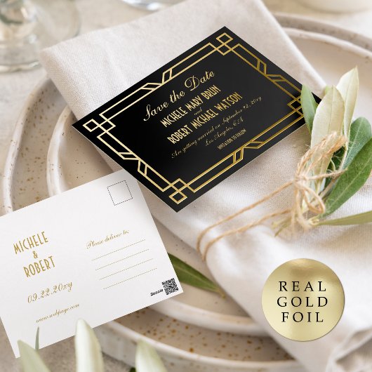 Classic Art Deco Zwart Goud Save the Date Briefkaa Folie Feestdagen Briefkaart