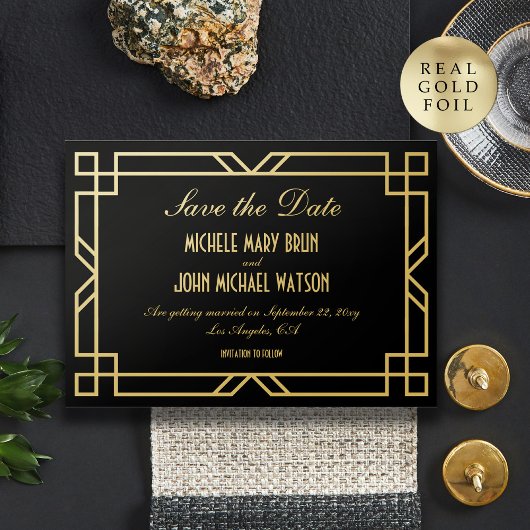 Classic  Art Deco Zwart Goud Save the Date Folie Uitnodiging
