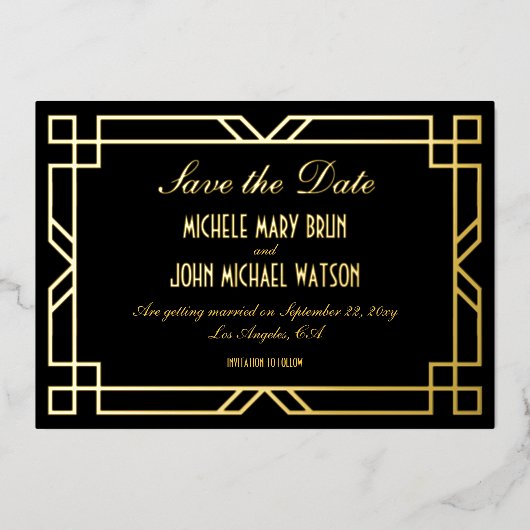 Classic  Art Deco Zwart Goud Save the Date Folie Uitnodiging (Voorkant)