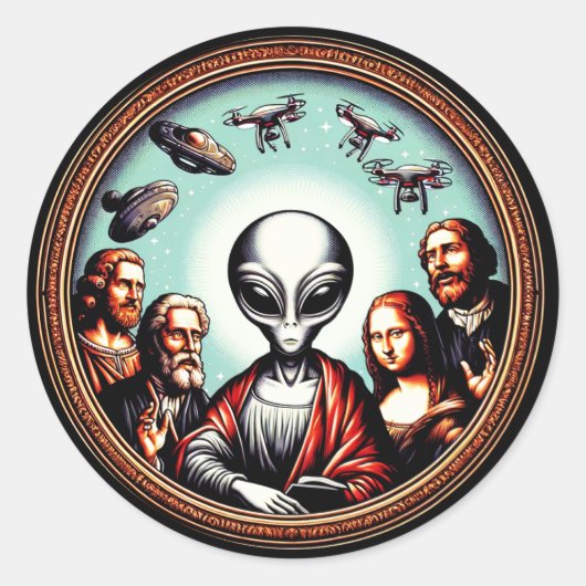 Classic Art ontmoet buitenaardse Humor Funny SciFi Ronde Sticker (Voorkant)