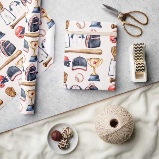 Classic Baseball Gear Watercolor Design Wrap Cadeaupapier (Crafts)