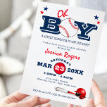 Classic Baseball Oh Boy Baby shower Kaart<br><div class="desc">Een moderne uitnodiging voor een baby shower met een baseball-thema,  met een klassieke witte achtergrond,  blauw en rode jaloezie,  een honkbal,  sterren,  een helm met knuppel en bal en een gemakkelijk aan te passen sportieve baby shower.</div>