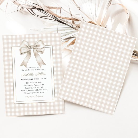 Classic Beige Bow Gingham Neutraal Baby shower Kaart