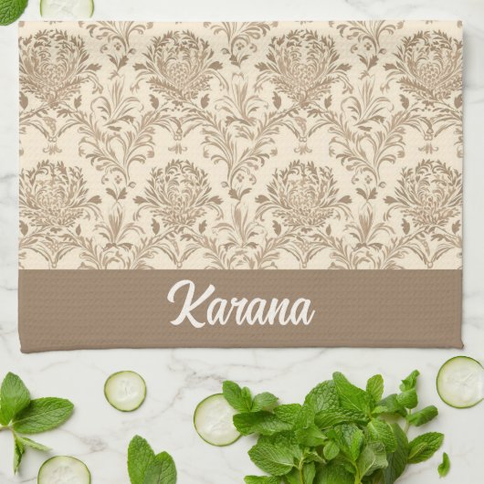 Classic Beige Damask Theedoek (Gevouwen)