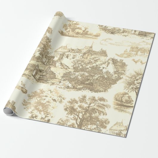 Classic Beige Gold Frans Country Toile Cadeaupapier (Uitgerold)