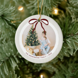 Classic Beige Stripes Red Bow Christmas Keramisch Ornament