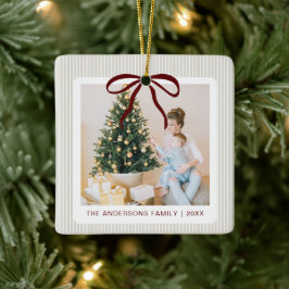 Classic Beige Stripes Red Bow Christmas Keramisch Ornament