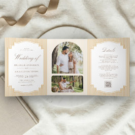 Classic Beige Tane Gestreepte Foto QR Code Huwelij Drieluik Uitnodiging