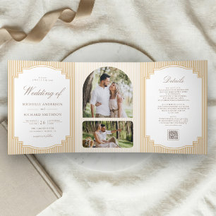 Classic Beige Tane Gestreepte Foto QR Code Huwelij Drieluik Uitnodiging