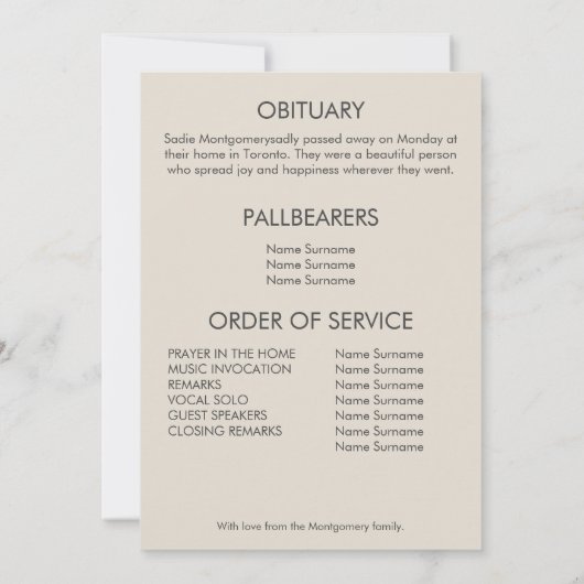 Classic beige & white begrafenis programma (Achterkant)