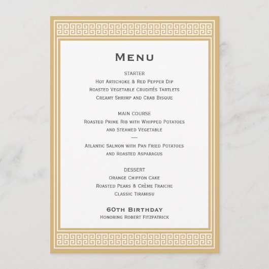 Classic Birthday Party Gold Dinner Platte Menu (Voorkant)