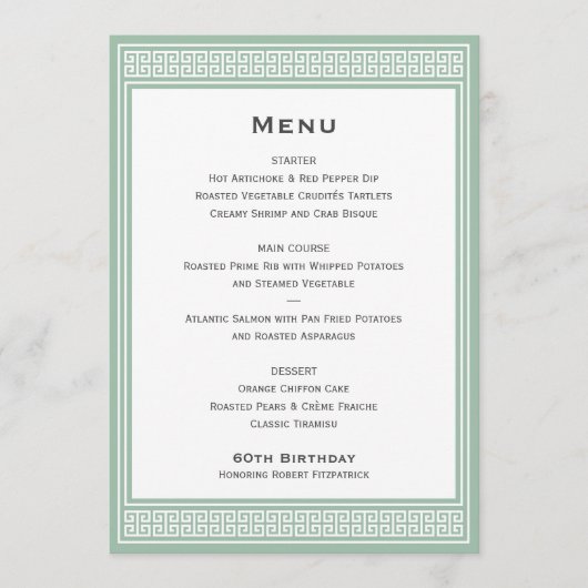 Classic Birthday Party Green Dinner Platte Menu (Voorkant)